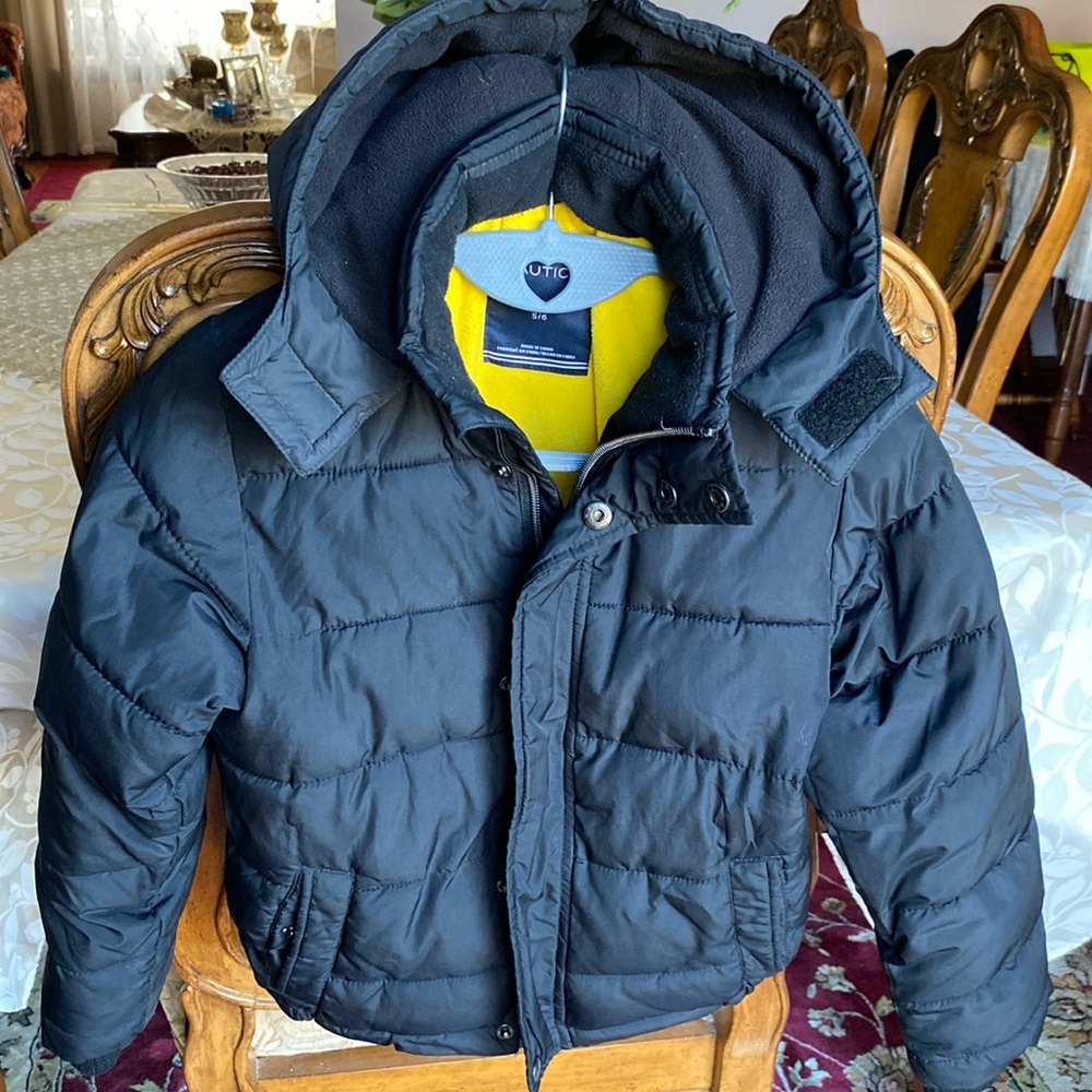 Nautica boys hooded puffy jacket / coat with yellow fleece lining sz M (5/6)